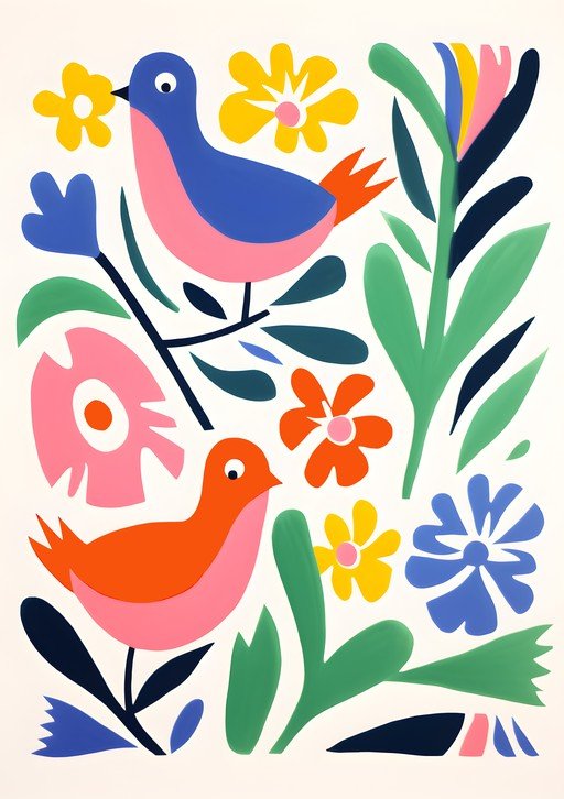 Whimsical Birds and Flowers Art Print