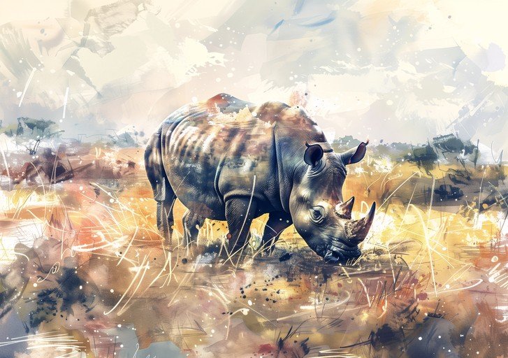 Rhinoceros in a Watercolor Savannah Landscape