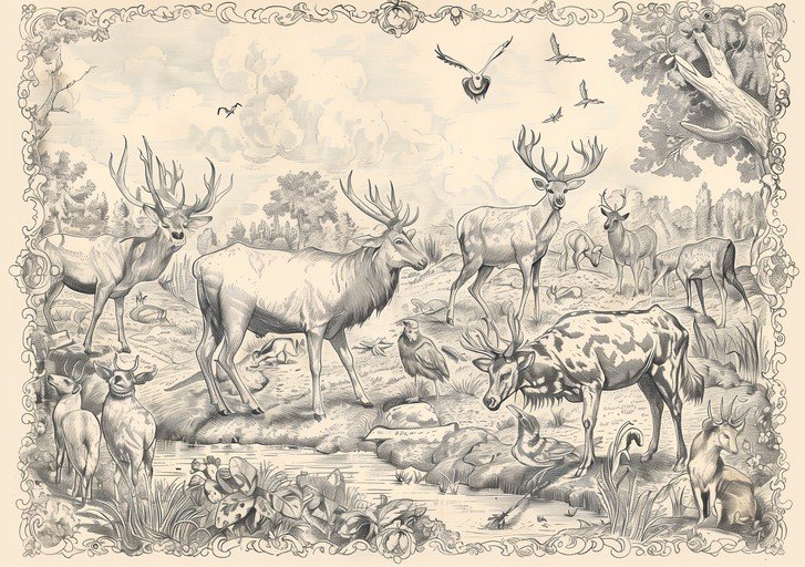Vintage Wildlife Scene: Deer, Birds, and Nature