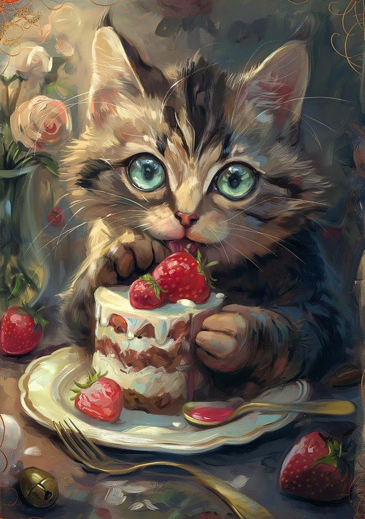 Kitten Enjoys Strawberry Cake