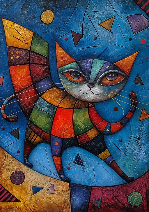 Whimsical Cubist Cat Painting