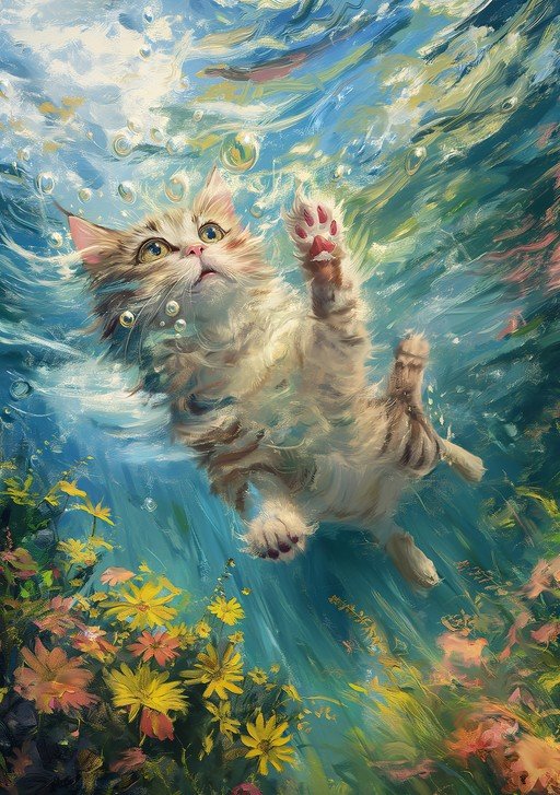 Whimsical Cat Swimming Underwater Among Flowers