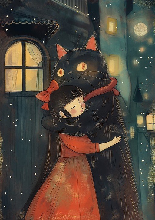 Girl Hugs Giant Black Cat in Whimsical Night Scene
