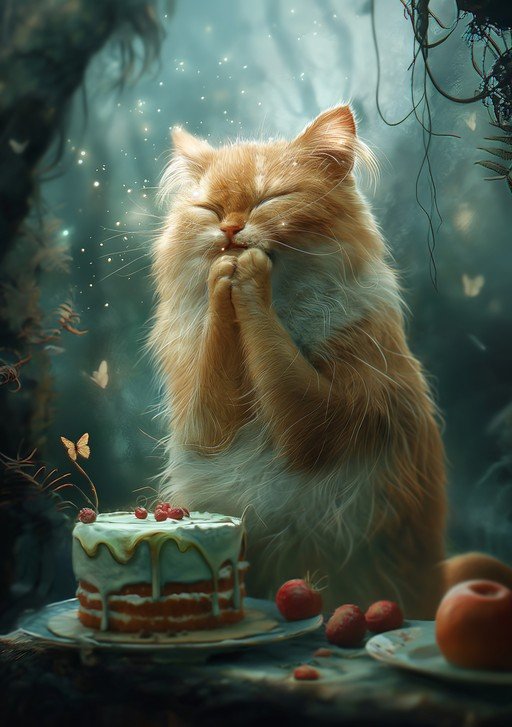 Whimsical Cat Prays for Cake in Enchanted Forest