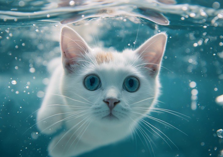 White Cat with Blue Eyes Underwater