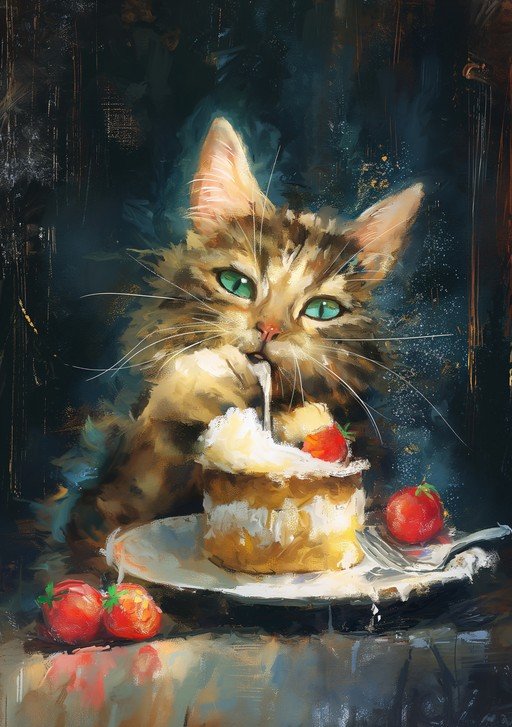 Cat Indulges in a Creamy Cake with Strawberries