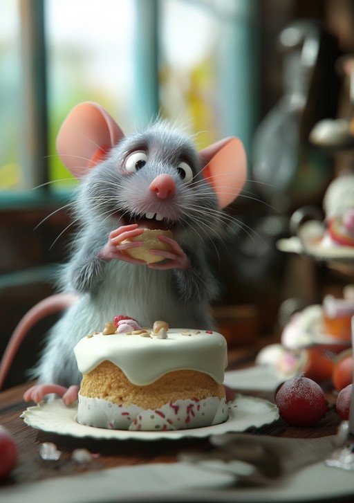 Animated Rat Enjoys a Tiny Cake