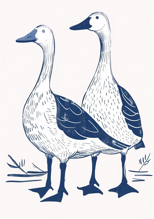 Two Geese Illustration in Blue and White