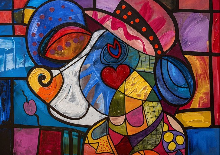 Vibrant Abstract Portrait with Heart and Geometric Shapes