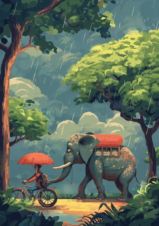 Elephant and Cyclist Under the Rain