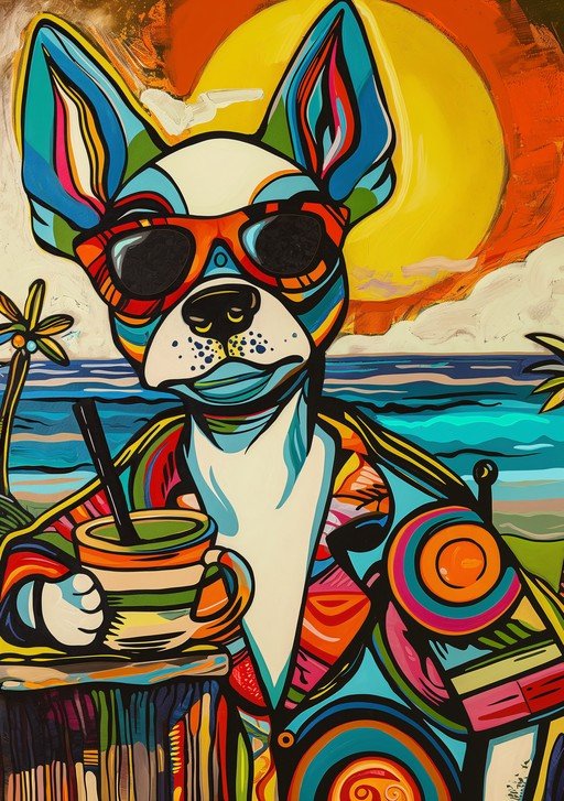 Vibrant Dog in Sunglasses Enjoys Tropical Beach Scene