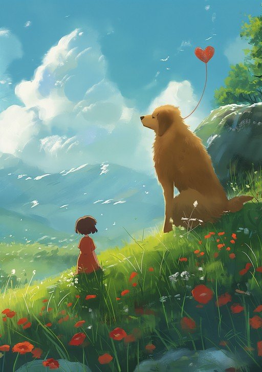 Child and Dog Share a Heartfelt Moment in a Meadow