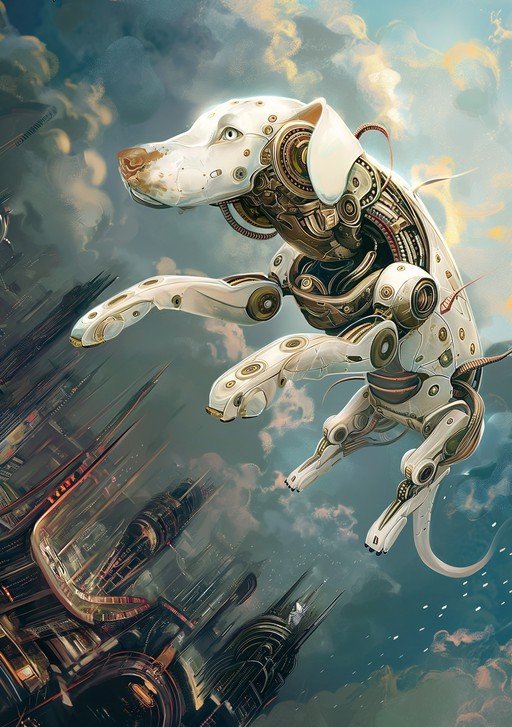 Steampunk Dalmatian Robot Soars Through Futuristic Cityscape