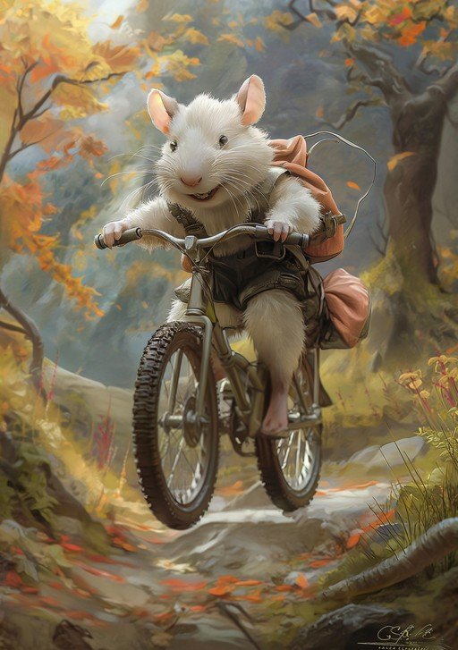 Whimsical Mouse Rides Bicycle Through Autumn Forest