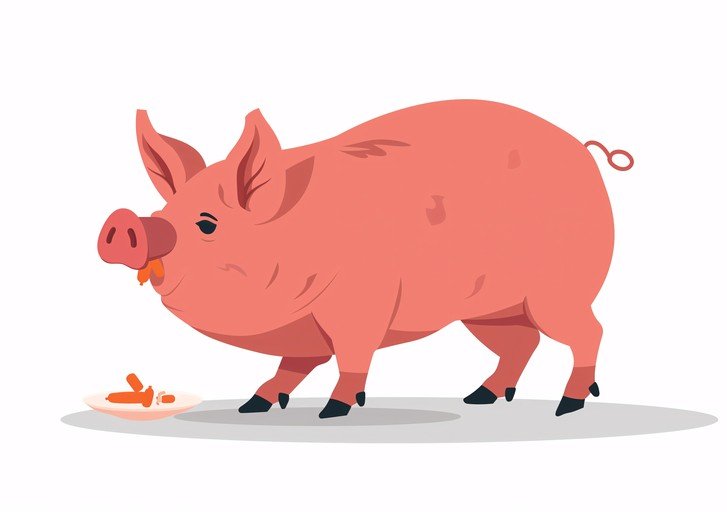 Pink Pig Eating Carrots on a Plate