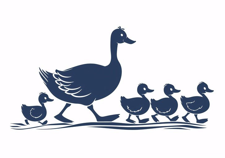 Mother Duck and Ducklings Walking in a Line