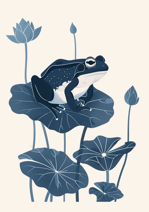 Frog on Lotus Leaf in Blue and White
