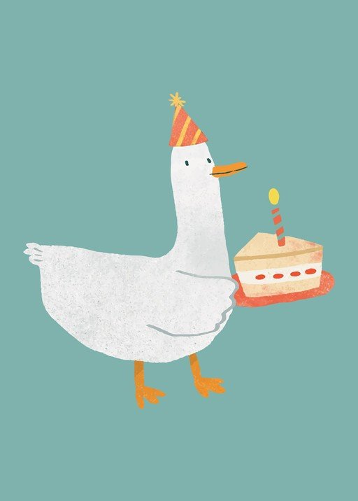 Goose in Party Hat with Birthday Cake