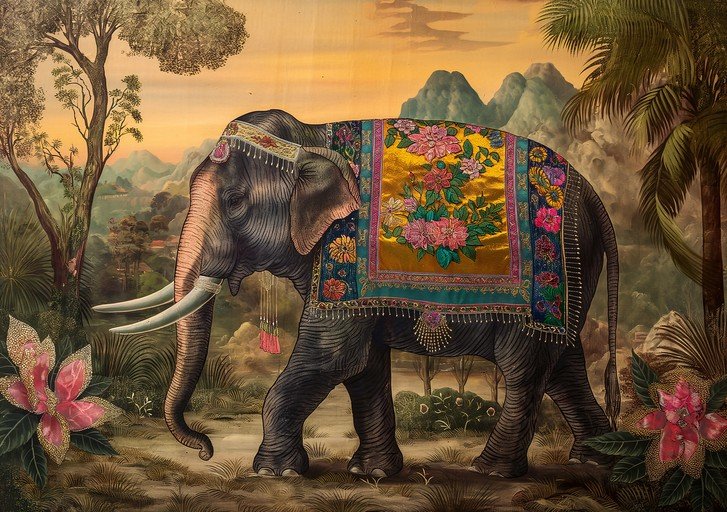 Ornate Elephant in Lush Tropical Landscape