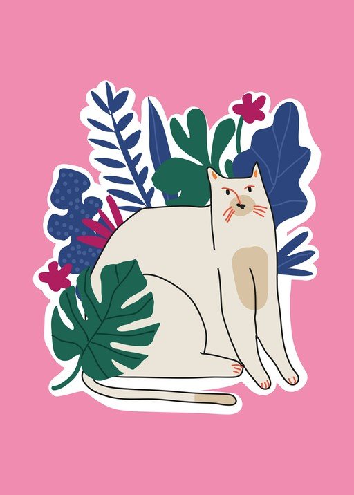 Whimsical Cat Illustration with Tropical Leaves
