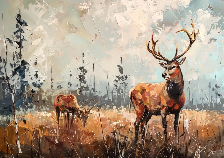 Majestic Stag and Doe in Textured Forest Landscape