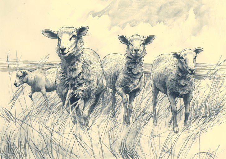 Pencil Sketch of Sheep in a Grassy Field