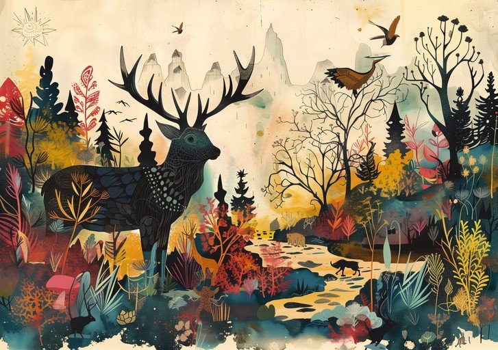 Whimsical Forest Scene with Majestic Stag and Wildlife
