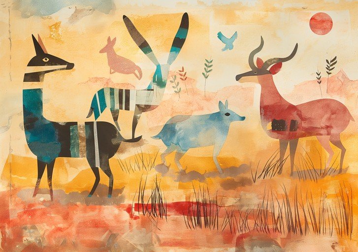 Abstract Wildlife Scene with Stylized Animals