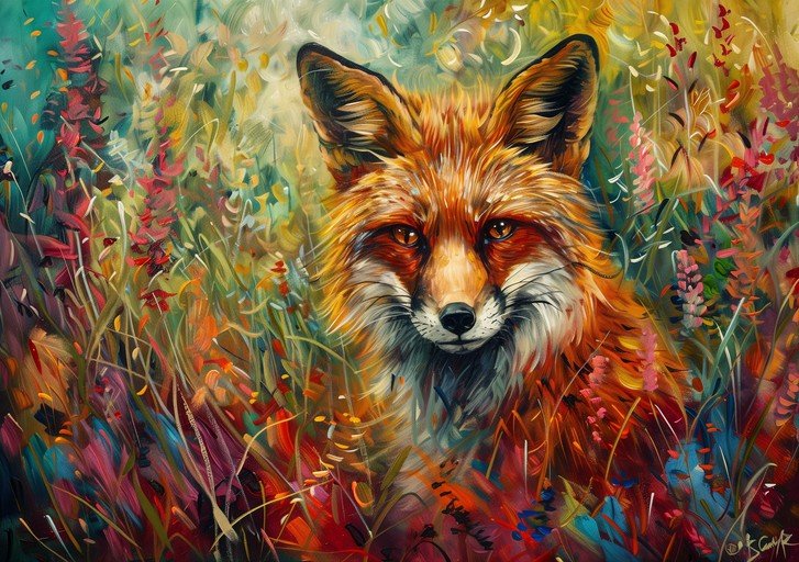 Vibrant Fox Portrait in Lush, Colorful Meadow
