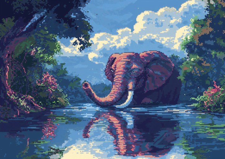 Pixel Art Elephant in Serene River Landscape