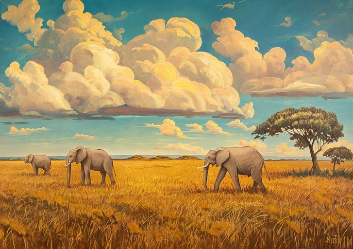 Elephants roam a golden savanna under dramatic clouds