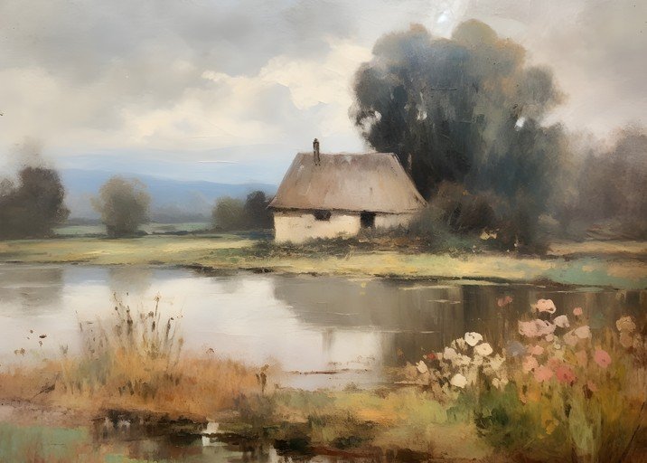 Pastoral Landscape Painting of a Cottage by a Lake