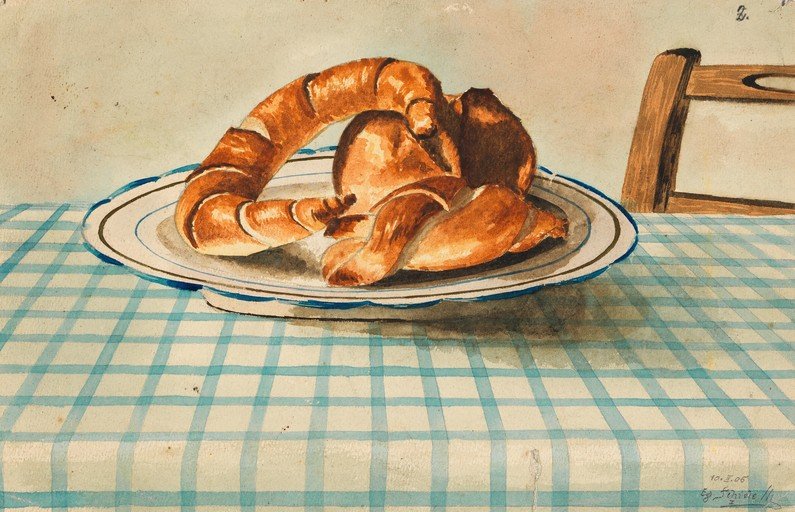 Still Life of Croissants on a Plaid Tablecloth