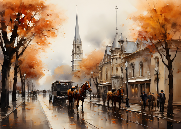 Horse-drawn carriage on a street in autumn