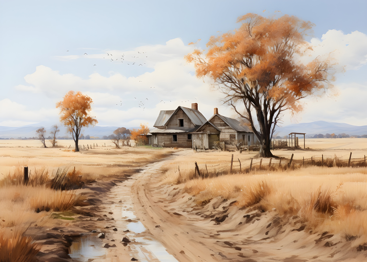 Autumn Farmhouse Scene with Dirt Road