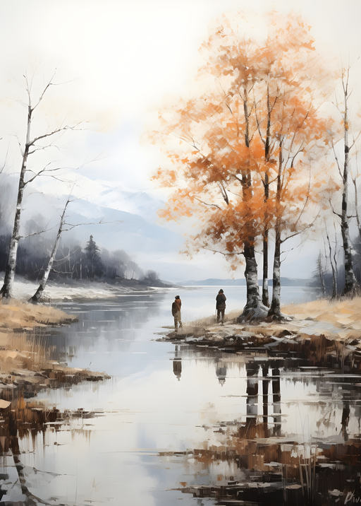 Autumn Landscape with Two Figures by a Lake