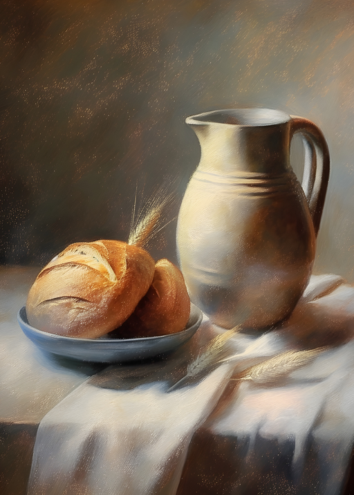 Still Life: Bread, Pitcher, and Wheat Stalks