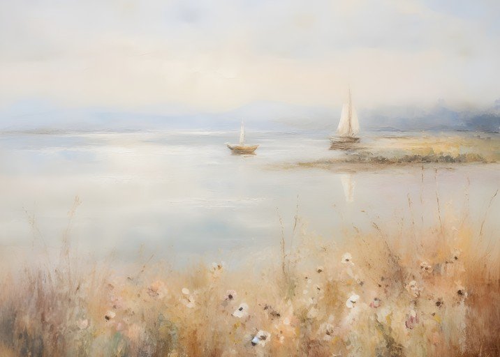 Serene Sailboats on a Misty Lake with Wildflowers