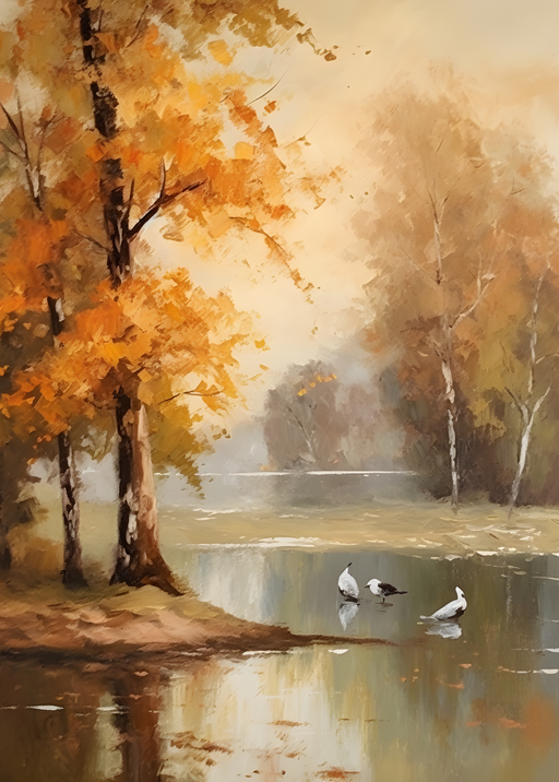 Autumn Landscape Painting with Birds by a Lake