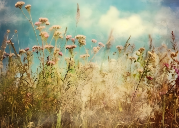 Dreamy Meadow with Wildflowers and Textured Sky