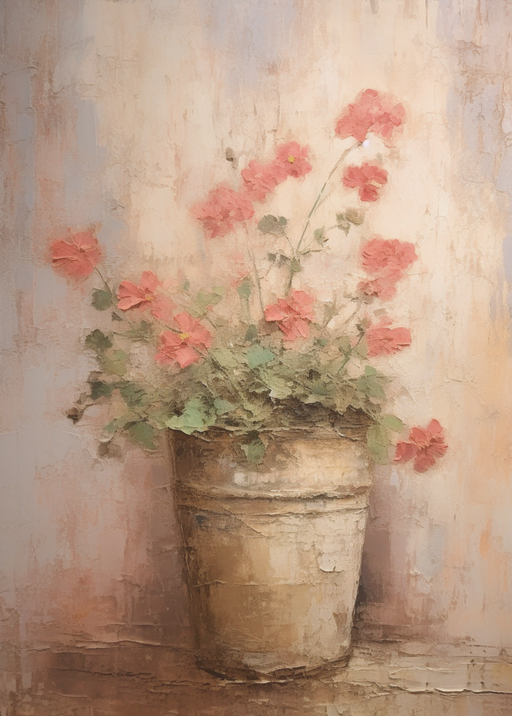 Impressionist Painting of Pink Flowers in a Rustic Pot