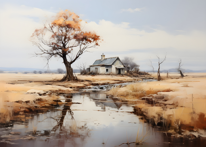 Autumn Landscape with Rustic Farmhouse and Stream