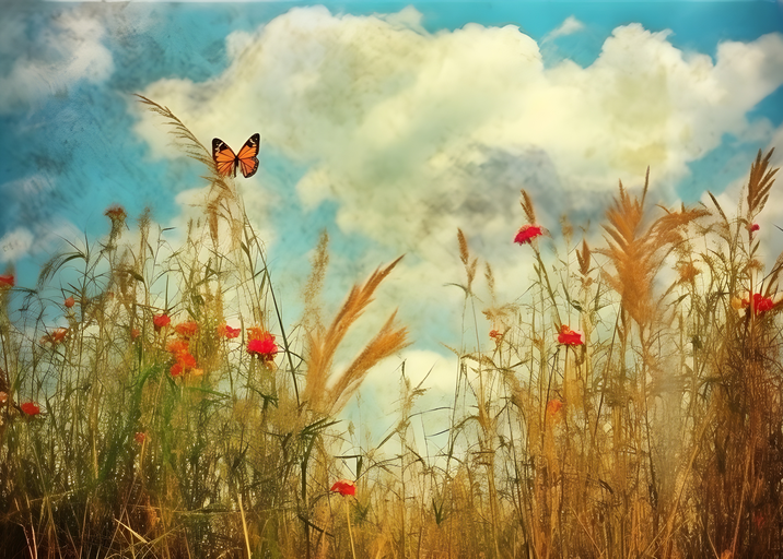 Butterfly in a Field of Wildflowers and Tall Grass