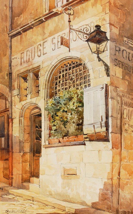 Watercolor painting of a European street scene with building
