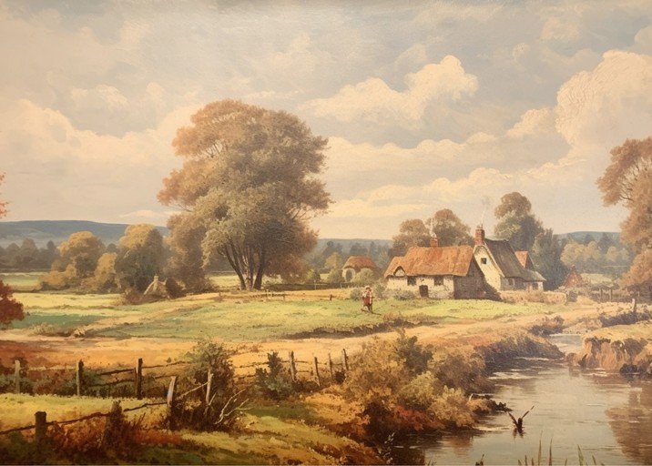 Pastoral Landscape Painting of a Rural Village Scene