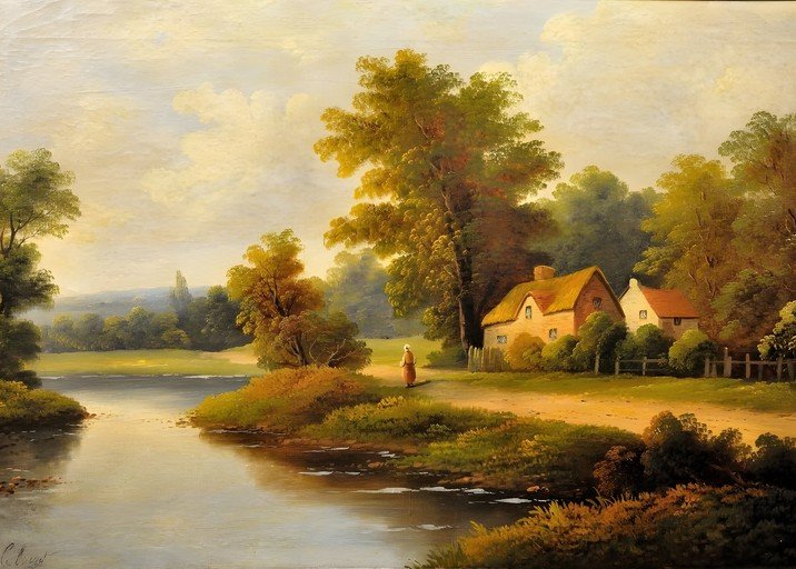 Idyllic Countryside Cottage Scene with River
