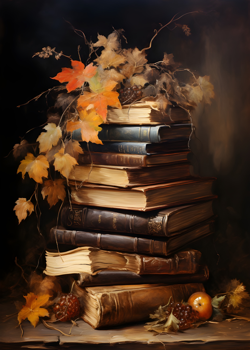 Still Life of Antique Books and Autumn Leaves