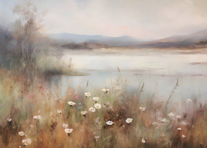 Serene Lakeside Landscape with Wildflowers