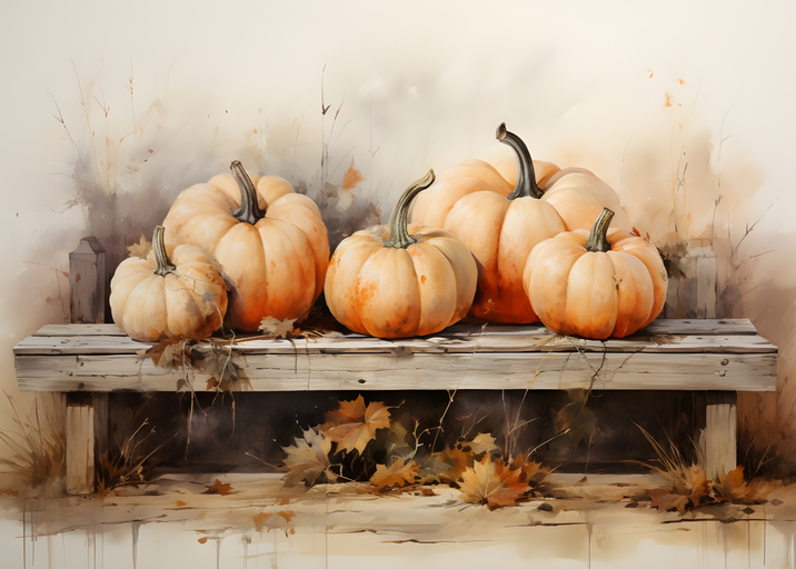 Autumn Pumpkins on Rustic Wooden Bench