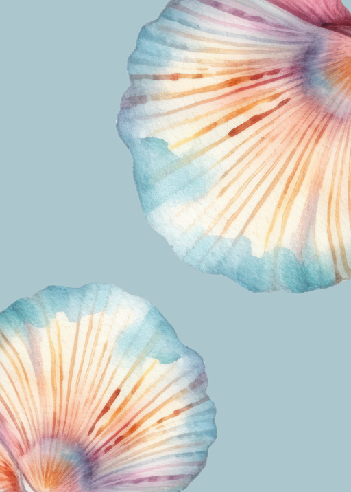 Watercolor Seashell Art with Soft Blue and Coral Hues
